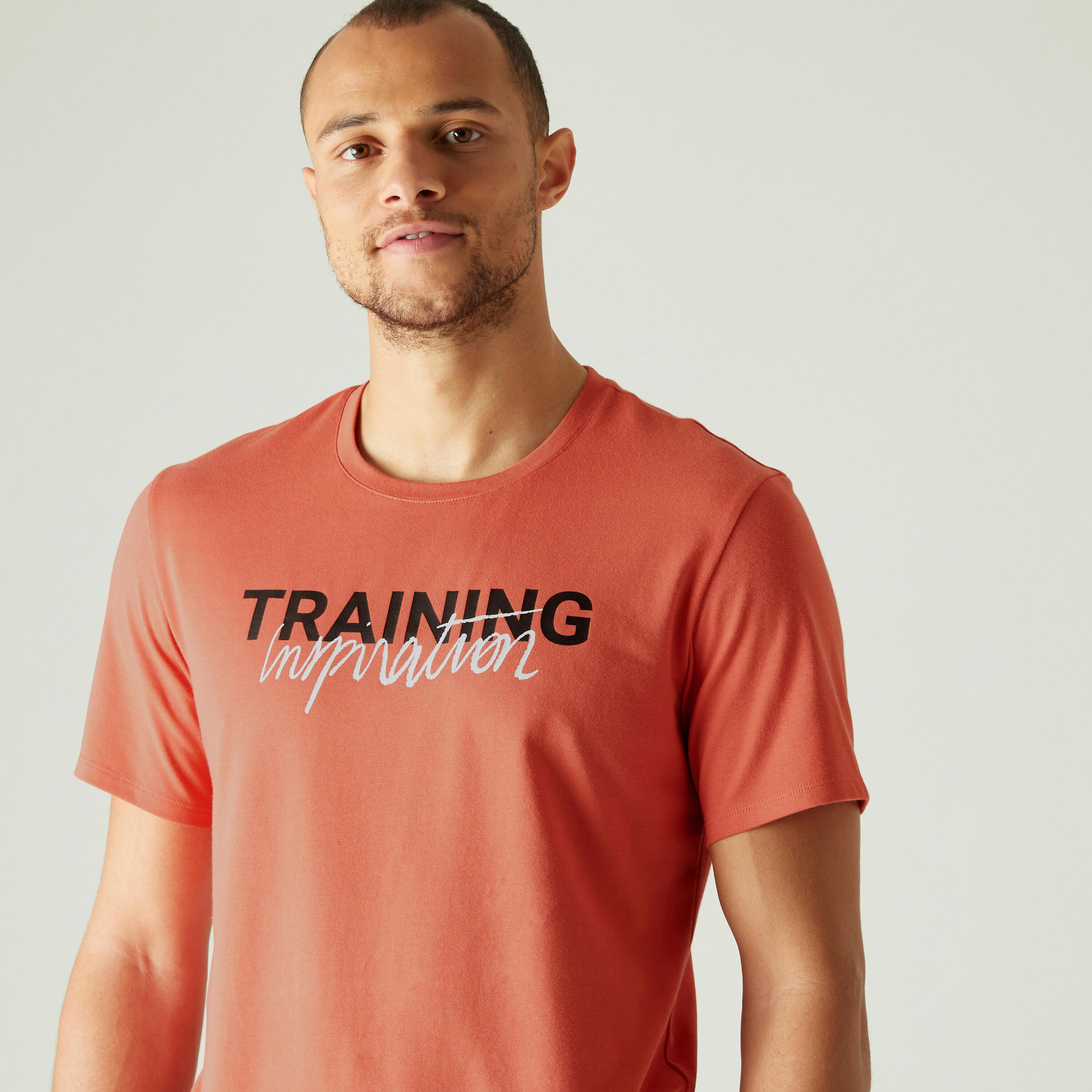 Men's Short-Sleeved Straight-Cut Crew Neck Cotton Fitness T-Shirt 500 - Red 4/8