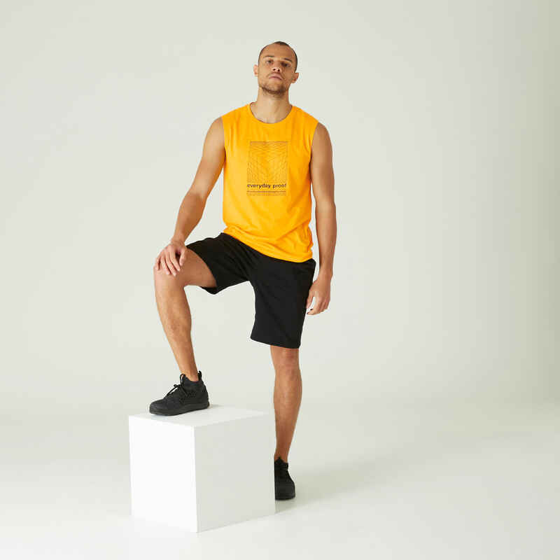 Men's Crew Neck Straight-Cut Cotton Fitness Tank Top 500 - Yellow With Motif
