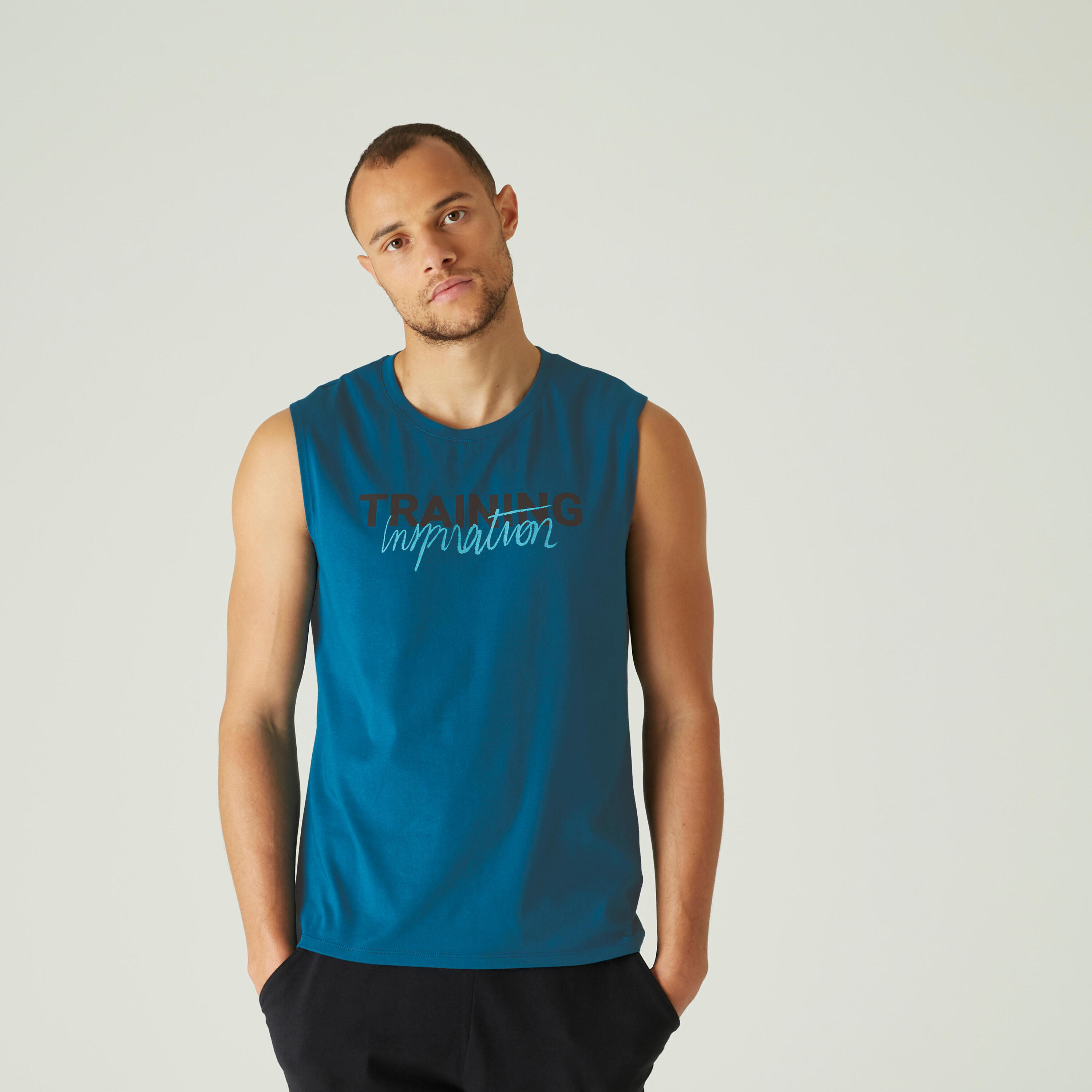 Men's Crew Neck Straight-Cut Cotton Fitness Tank Top 500 - Peacock Blue Motif 1/6