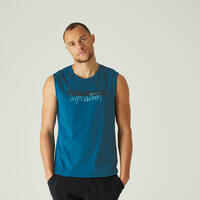 Men's Crew Neck Straight-Cut Cotton Fitness Tank Top 500 - Peacock Blue Motif