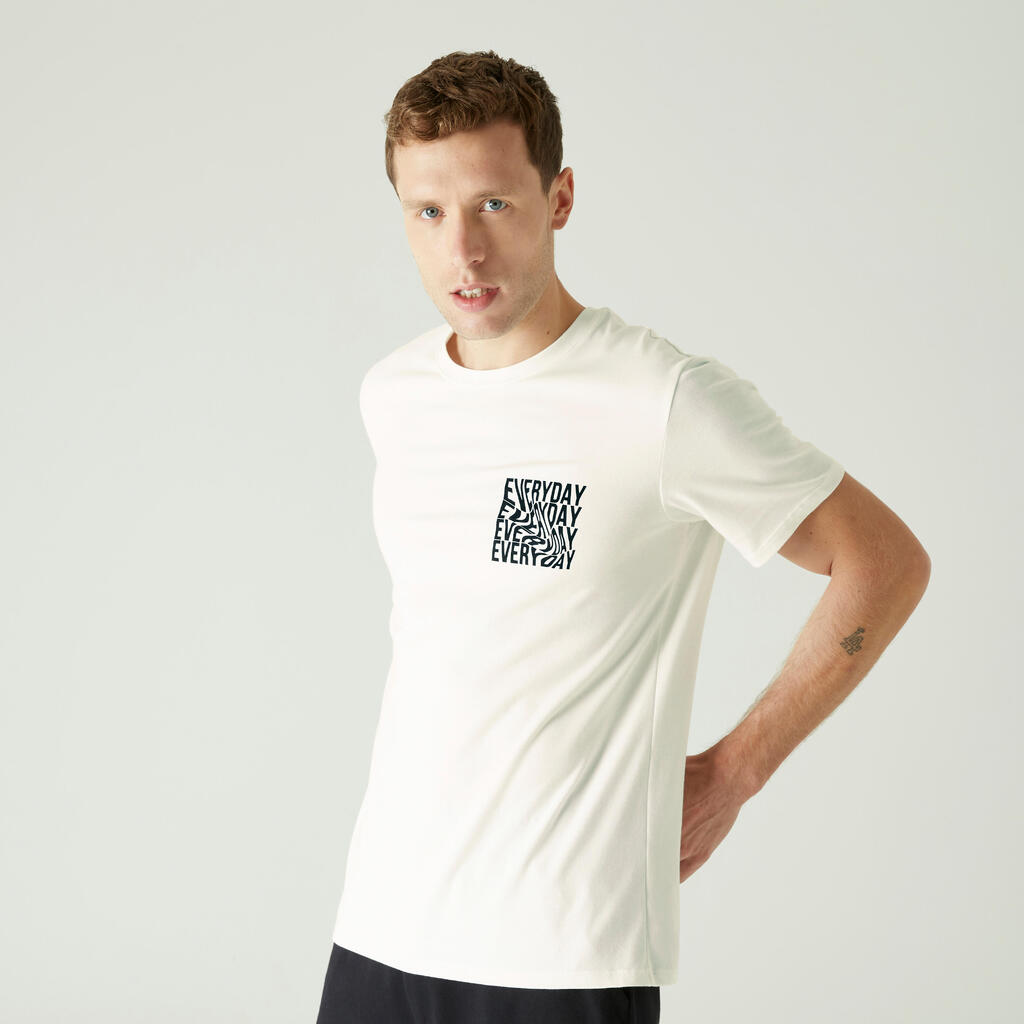 Men's Short-Sleeved Straight-Cut Crew Neck Cotton Fitness T-Shirt 500 - Glacier White