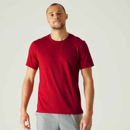 Men's Short-Sleeved Straight-Cut Crew Neck Cotton Fitness T-Shirt 500 - Red