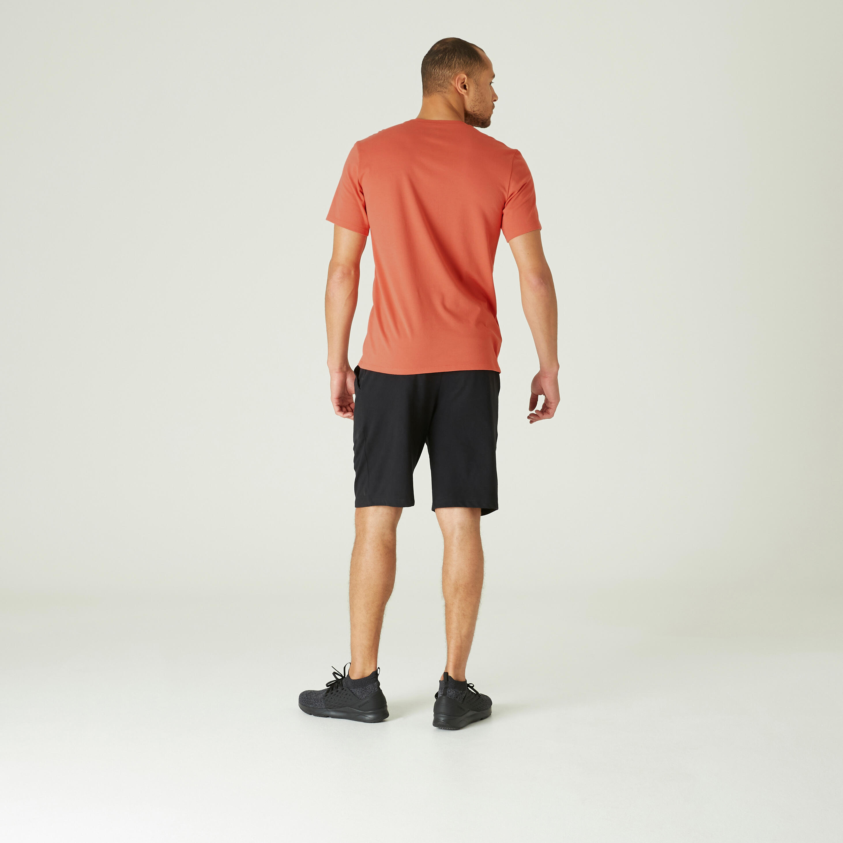 Men's Short-Sleeved Straight-Cut Crew Neck Cotton Fitness T-Shirt 500 - Red 3/8