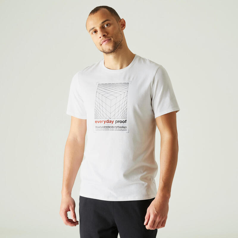 T-shirt fitness manches courtes slim coton col rond homme blanc a imprimé