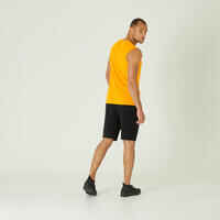 Men's Crew Neck Straight-Cut Cotton Fitness Tank Top 500 - Yellow With Motif