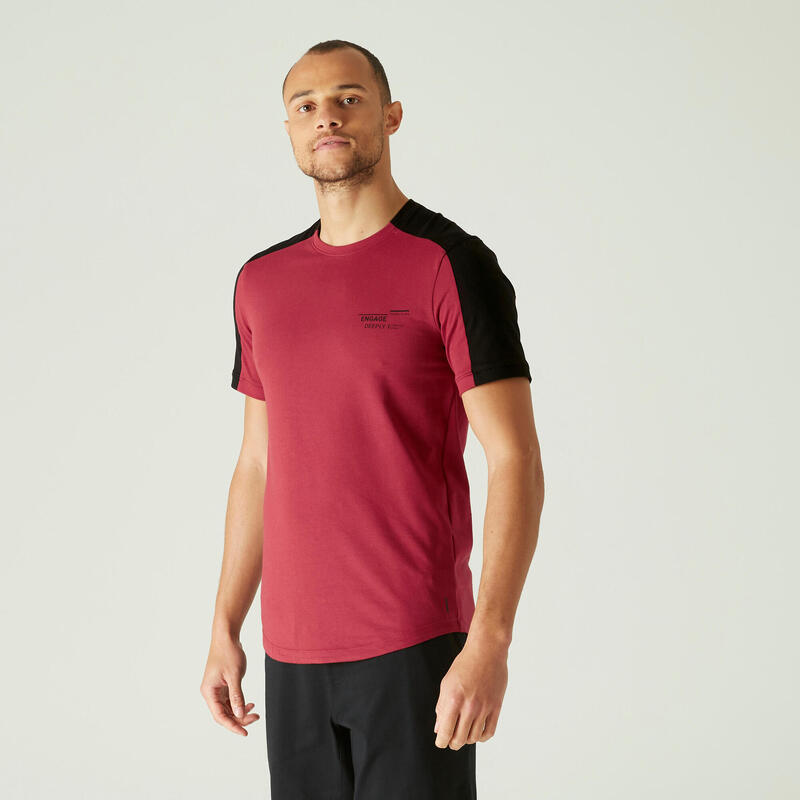 T-Shirt Coton Extensible Fitness Tombé arrondi Slim Bordeaux et Noir avec Motif
