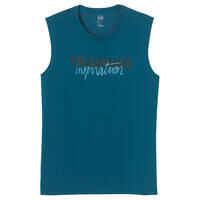 Men's Crew Neck Straight-Cut Cotton Fitness Tank Top 500 - Peacock Blue Motif