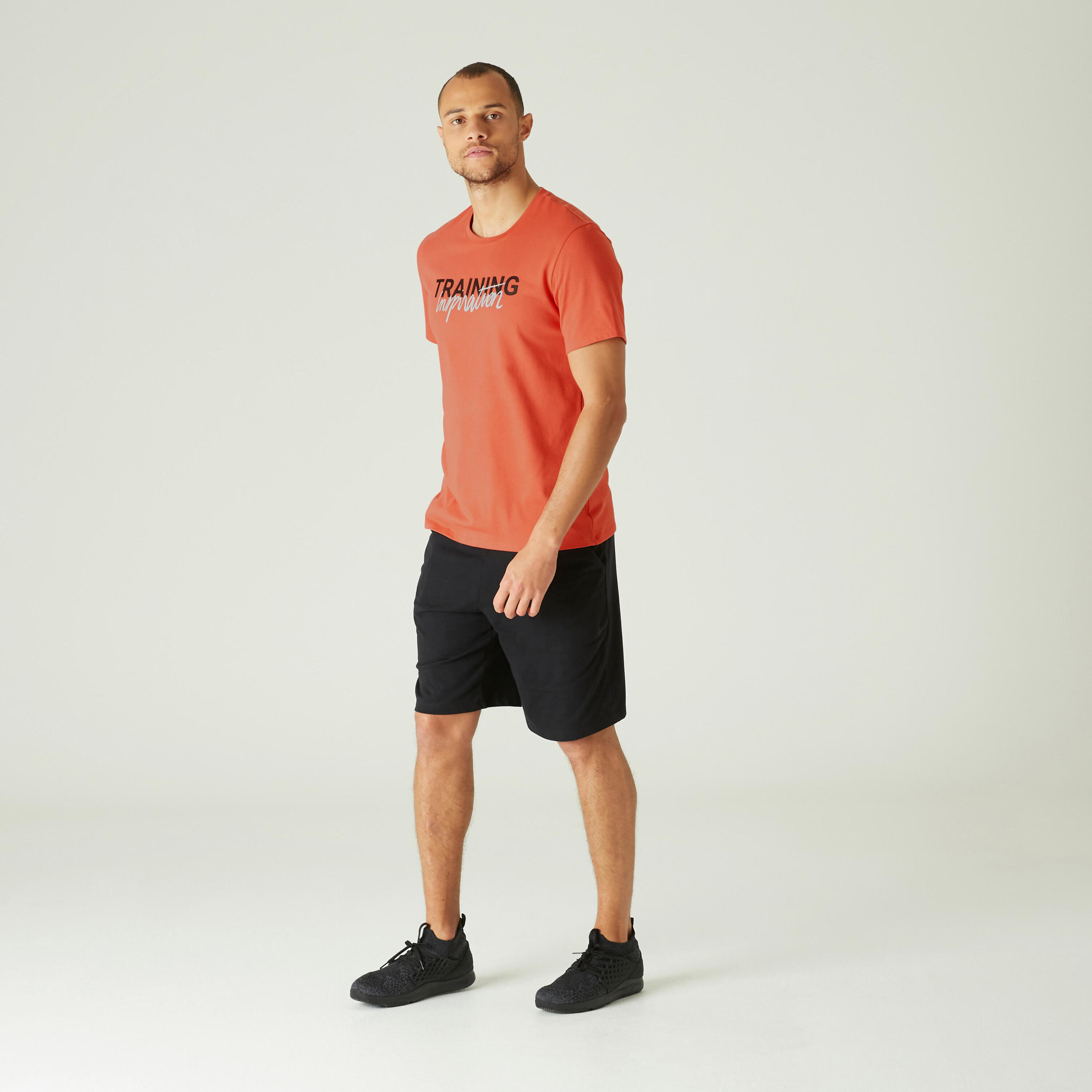 Men's Short-Sleeved Straight-Cut Crew Neck Cotton Fitness T-Shirt 500 - Red 2/8