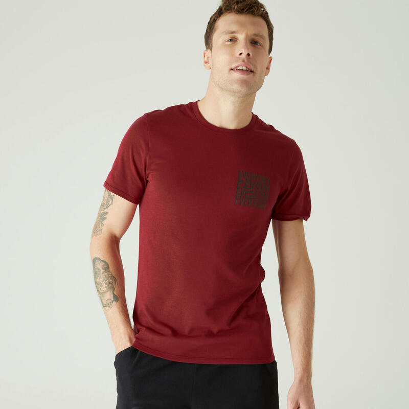 T-shirt fitness manches courtes slim coton extensible col rond homme bordeaux