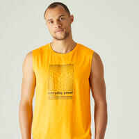 Men's Crew Neck Straight-Cut Cotton Fitness Tank Top 500 - Yellow With Motif