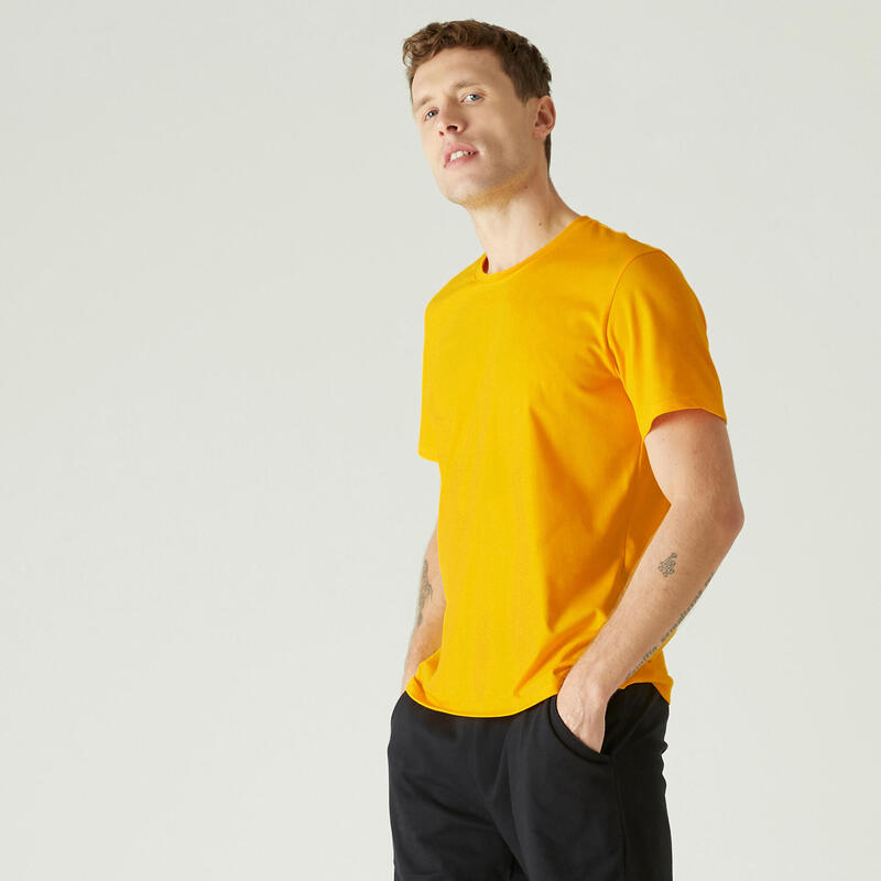 T-shirt fitness manches courtes coton extensible col rond homme jaune d'or