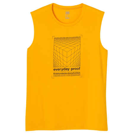 Men's Crew Neck Straight-Cut Cotton Fitness Tank Top 500 - Yellow With Motif