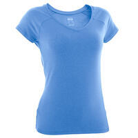 T-shirt fitness manches courtes slim coton extensible col en V femme bleu clair