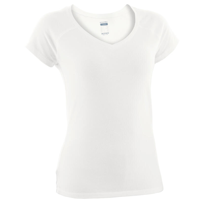 Camiseta fitness manga corta cuello pico algodón extensible Mujer blanco