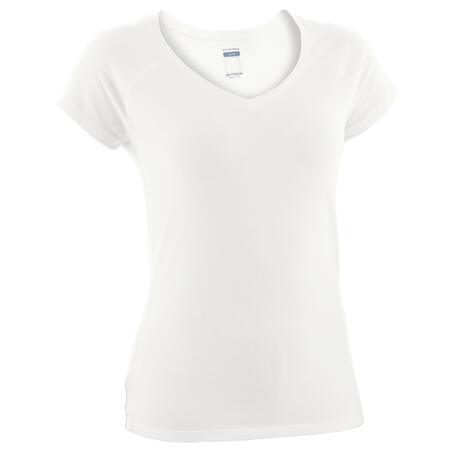 T-shirt fitness manches courtes slim coton extensible col en V femme blanc