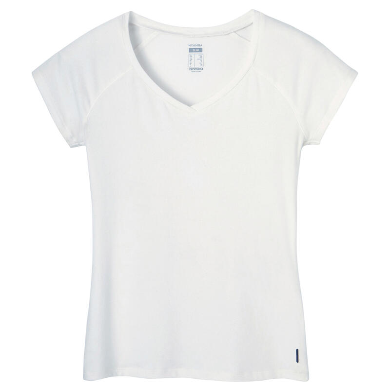 Camiseta fitness manga corta cuello pico algodón extensible Mujer blanco