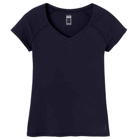 Camiseta fitness manga corta cuello pico algodón extensible Mujer azul marino