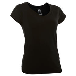 T-shirt fitness manches courtes slim coton extensible col en V femme noir
