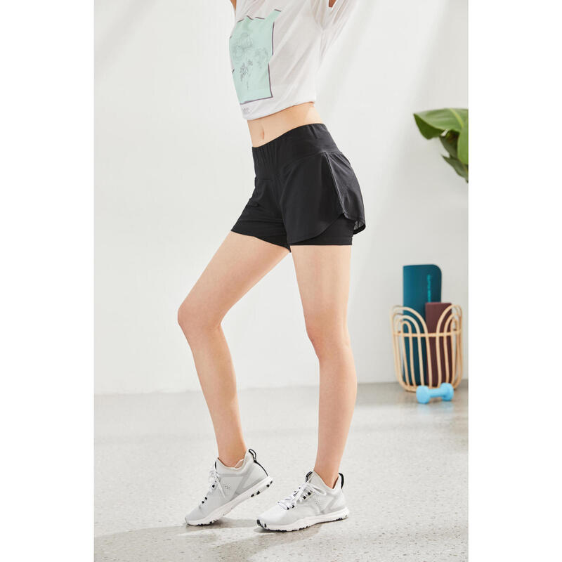 Short et sous short de Fitness femme coton noir 2 en 1