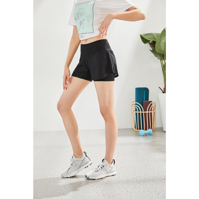 Short et sous short de Fitness femme coton noir 2 en 1