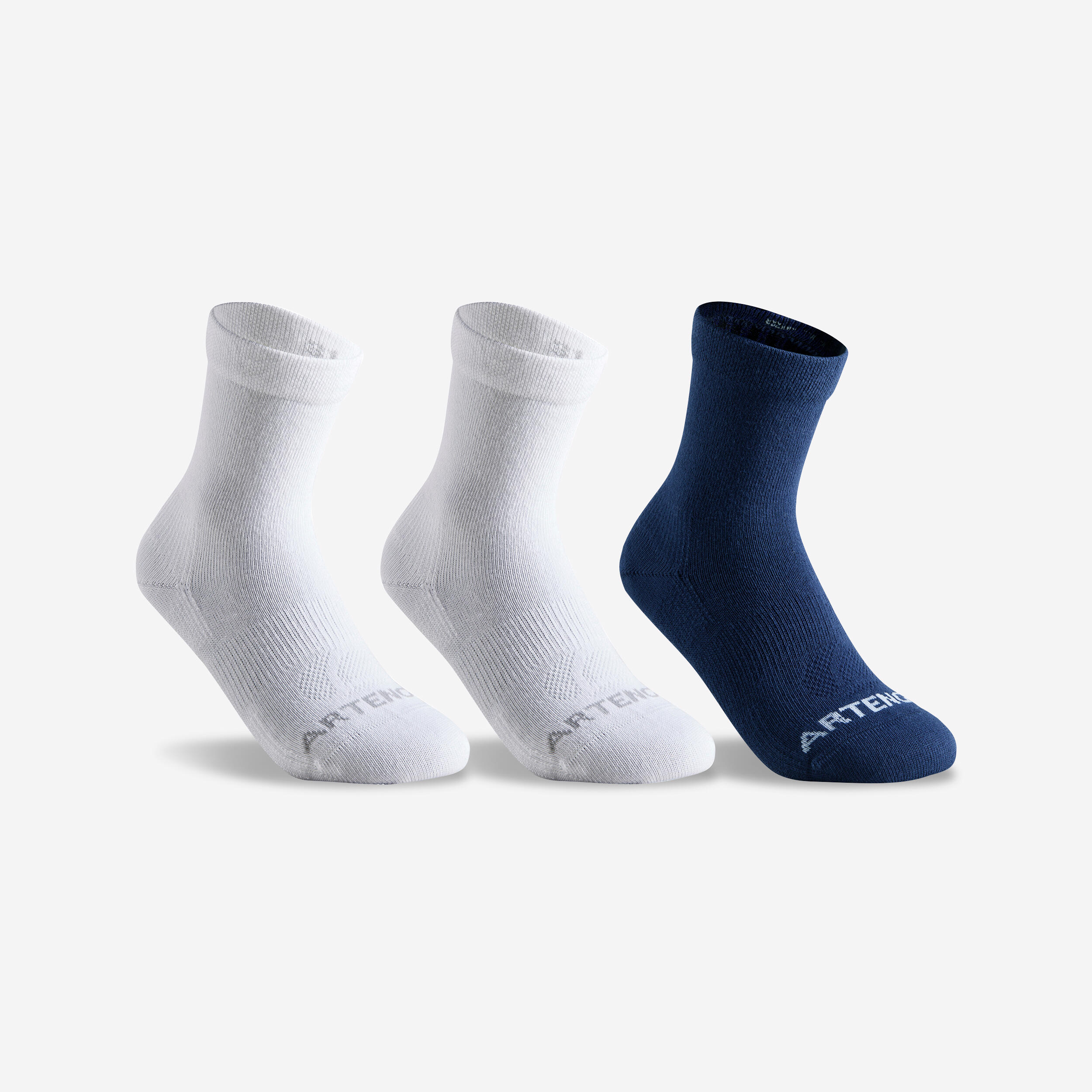 CHILDREN'S HIGH SPORTS SOCKS ARTENGO RS 160 NAVY WHITE SET OF 3