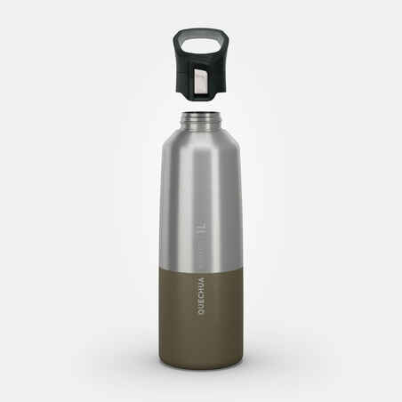 1 L stainless steel water bottle with quick-open cap for hiking - Khaki