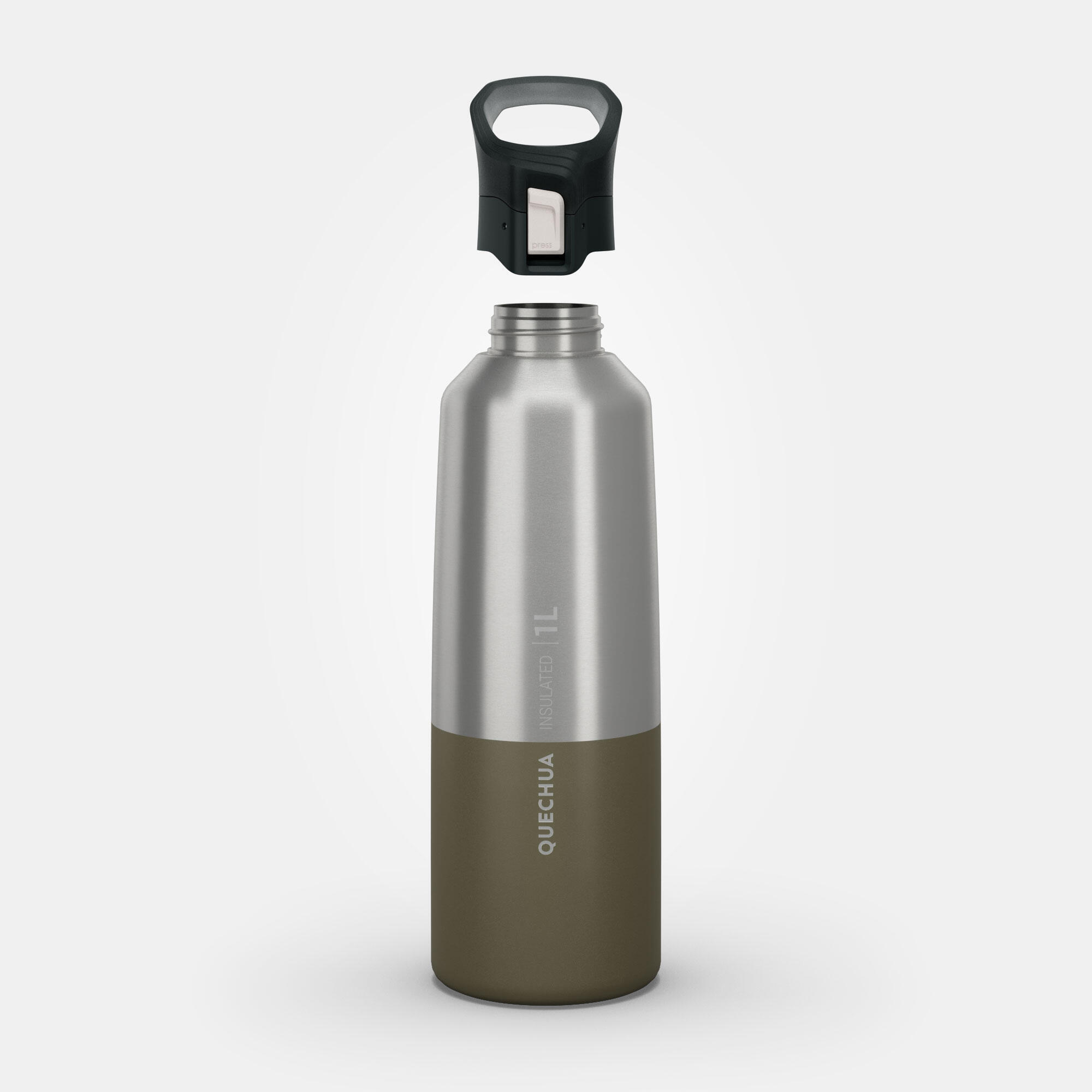 1 L stainless steel water bottle with quick-open cap for hiking - Khaki 2/12