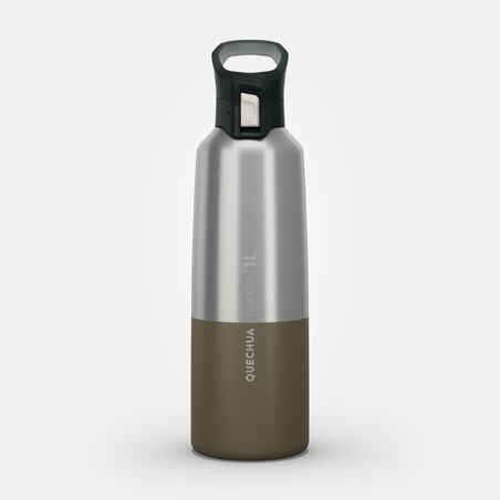 1 L stainless steel water bottle with quick-open cap for hiking - Khaki