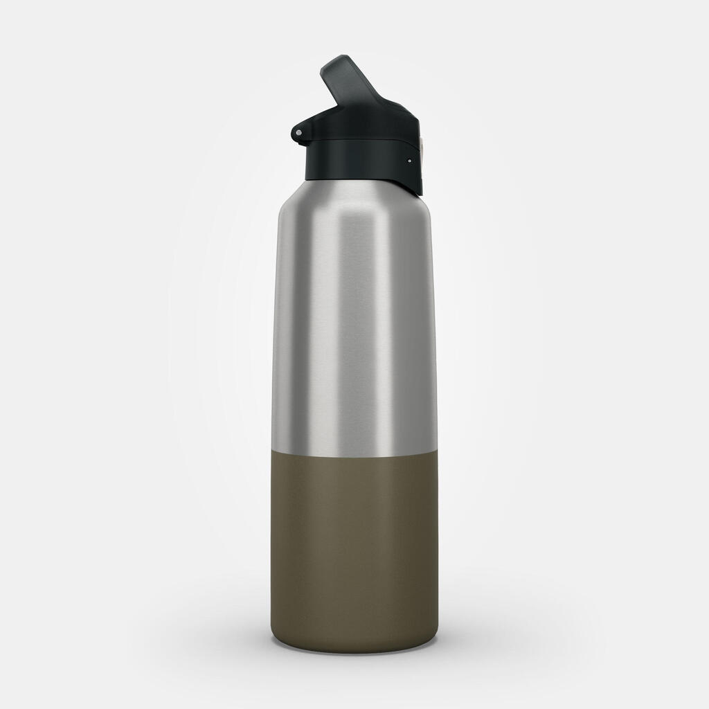 1 L stainless steel water bottle with quick-open cap for hiking - Khaki