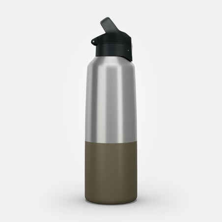 1 L stainless steel water bottle with quick-open cap for hiking - Khaki