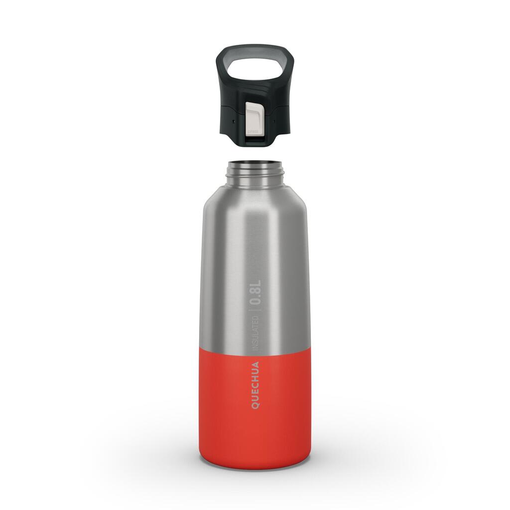 0.8 L stainless steel isothermal water bottle with quick-release cap for hiking