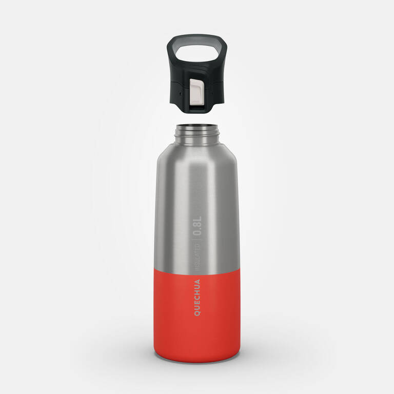 0.8 L stainless steel water bottle with quick-open cap for hiking - Red