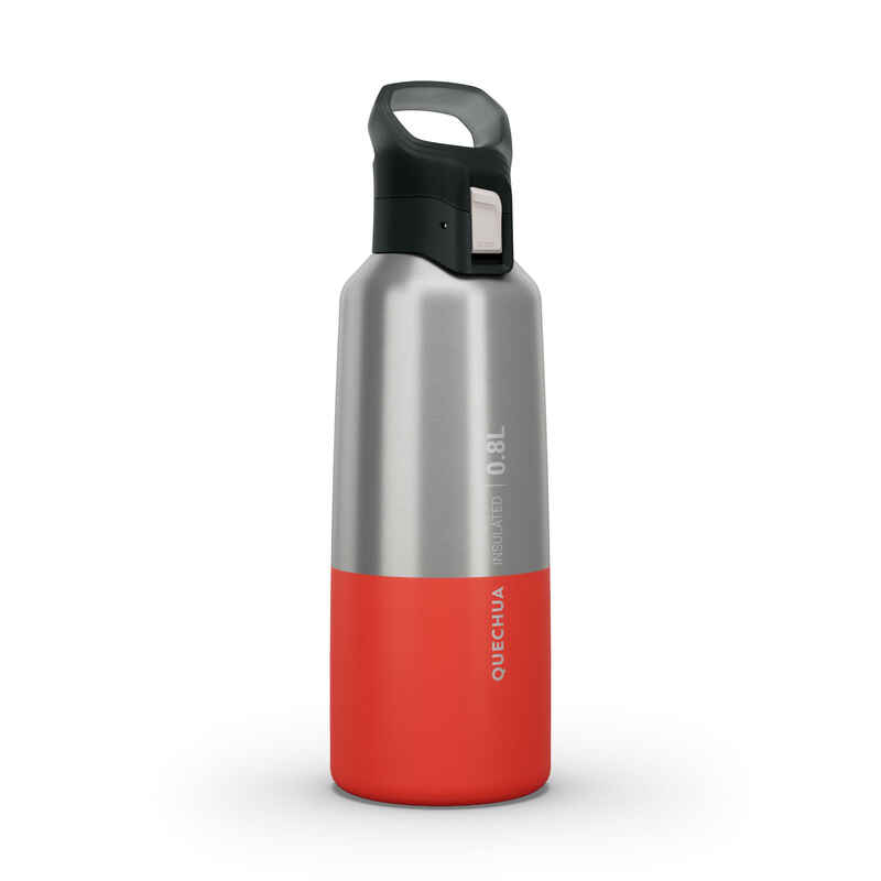 0.8 L stainless steel water bottle with quick-open cap for hiking - Red