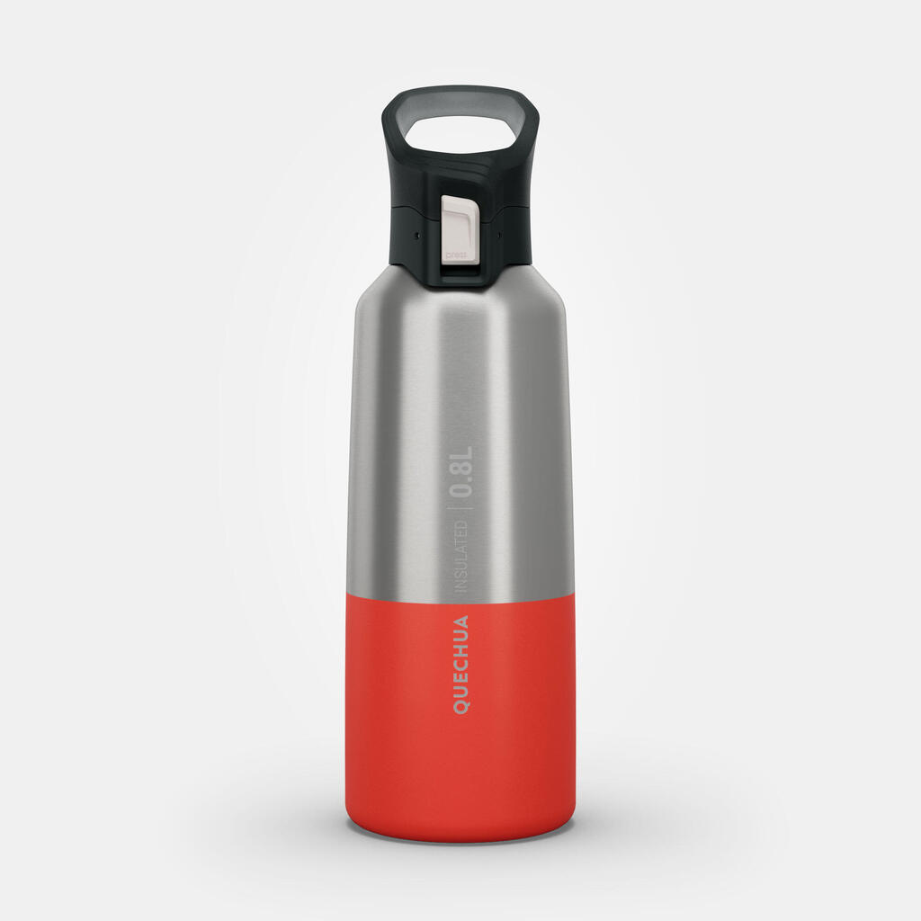 0.8 L stainless steel isothermal water bottle with quick-release cap for hiking