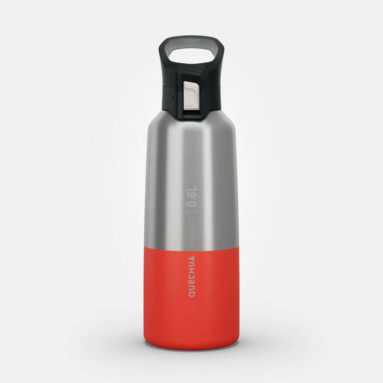 0.8 L stainless steel water bottle with quick-open cap for hiking - Red