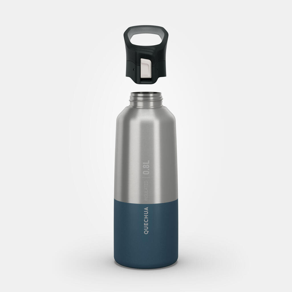 0.8 L stainless steel isothermal water bottle with quick-release cap for hiking