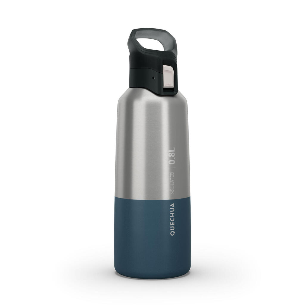 0.8 L stainless steel isothermal water bottle with quick-release cap for hiking