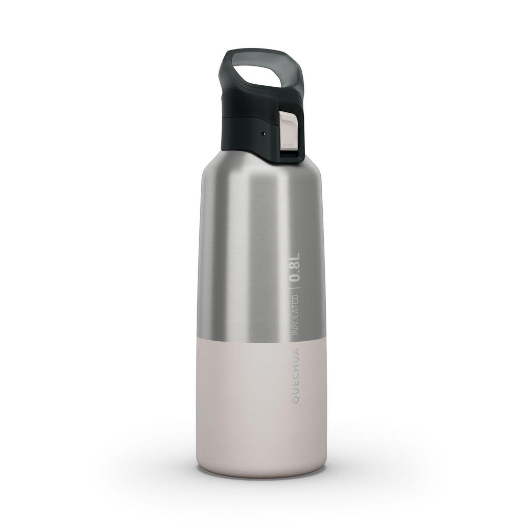 0.8 L stainless steel isothermal water bottle with quick-release cap for hiking