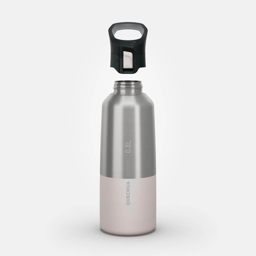 0.8 L stainless steel isothermal water bottle with quick-release cap for hiking