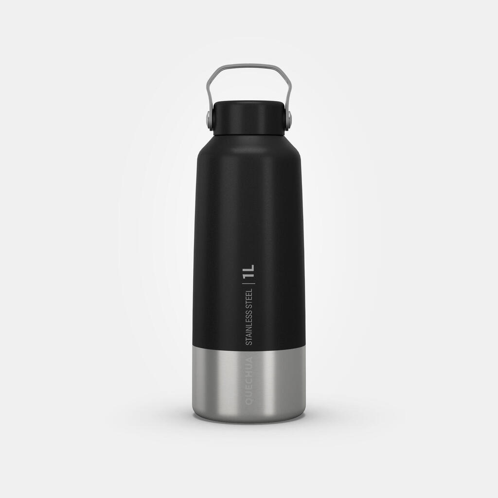 Hiking Stainless Steel Water Bottle with Screw Top MH100 1L - black