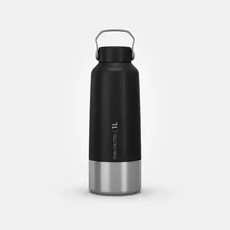 Hiking Stainless Steel Water Bottle with Screw Top MH100 1L - black