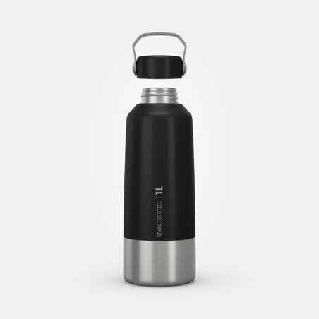 Hiking Stainless Steel Water Bottle with Screw Top MH100 1L - black