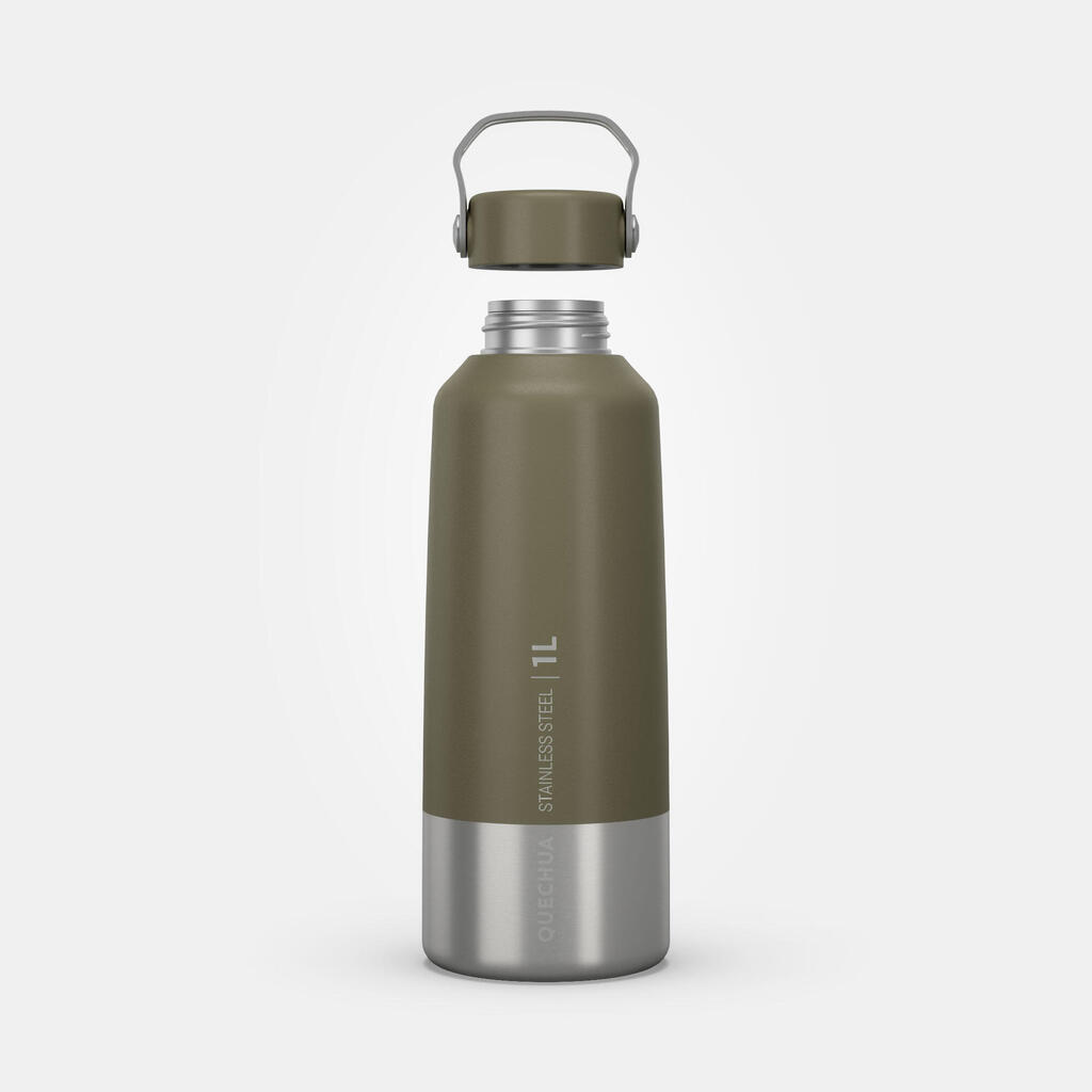 Stainless Steel Water Bottle with Screw Cap for Hiking 1 L - Khaki