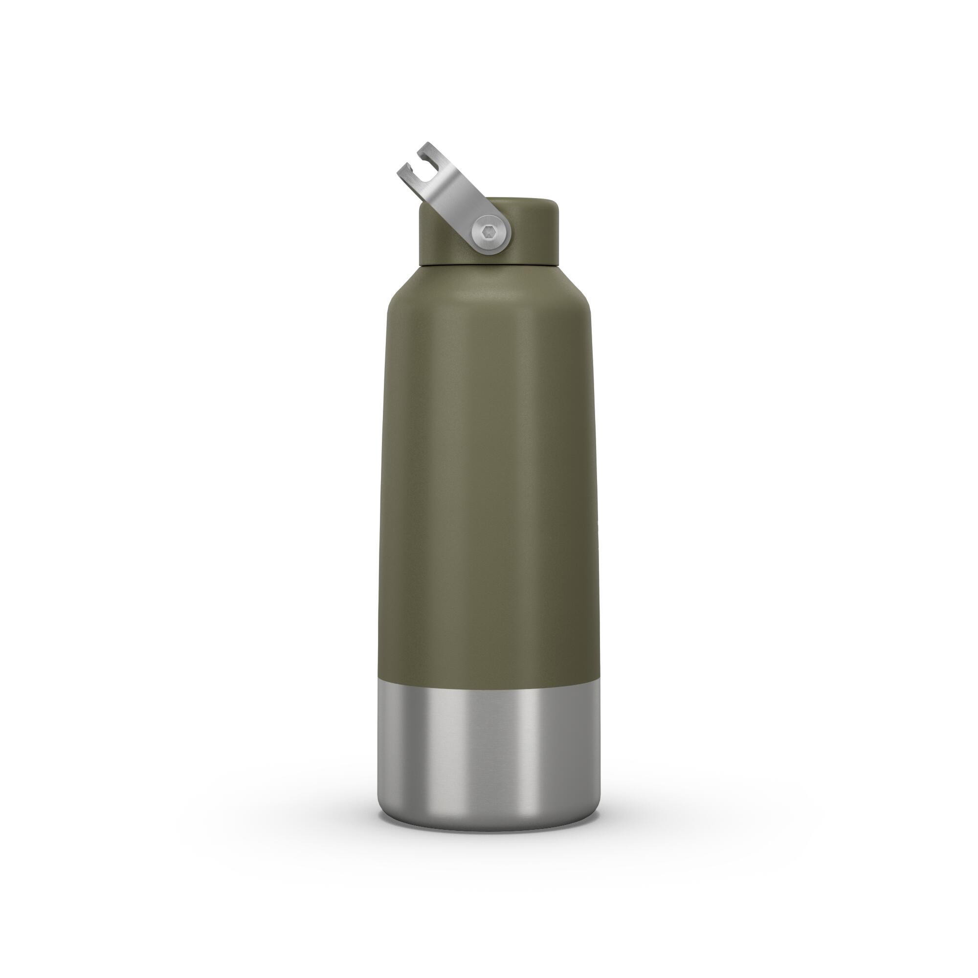 QUECHUA Stainless Steel Water Bottle with Screw Cap for Hiking 1 L - Khaki