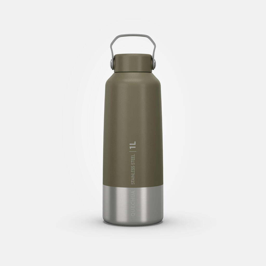 Stainless Steel Water Bottle with Screw Cap for Hiking 1 L - Khaki