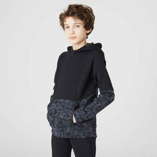 
      Kids' Breathable Cotton Hoodie 500 - Black Print
  