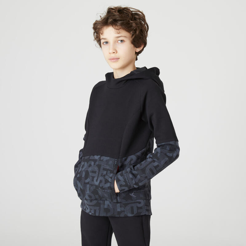 Sweat capuche poches zippées noir imprimé ENFANT
