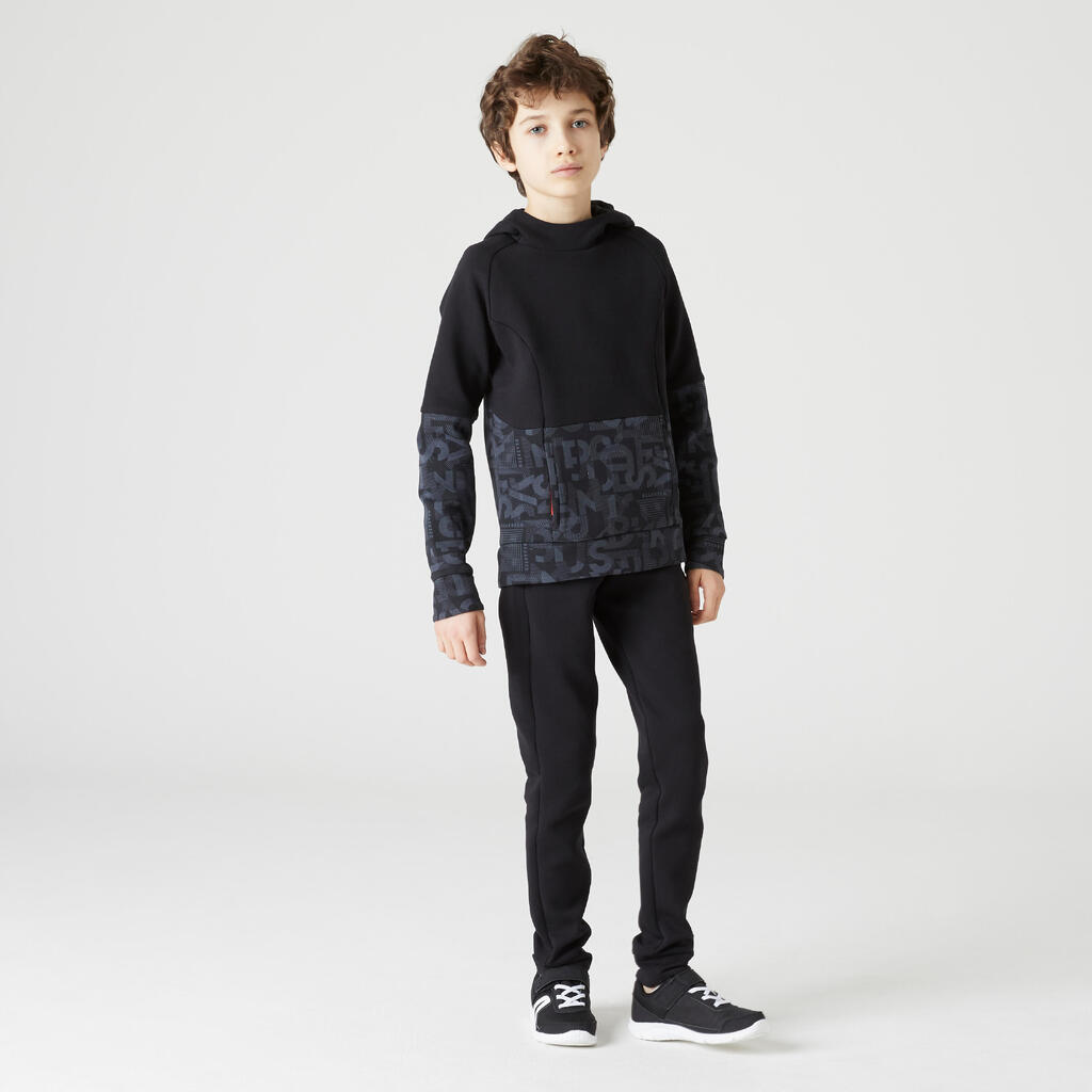 Sweatshirt Kapuze Baumwolle atmungsaktiv 500 Kinder schwarz mit Print