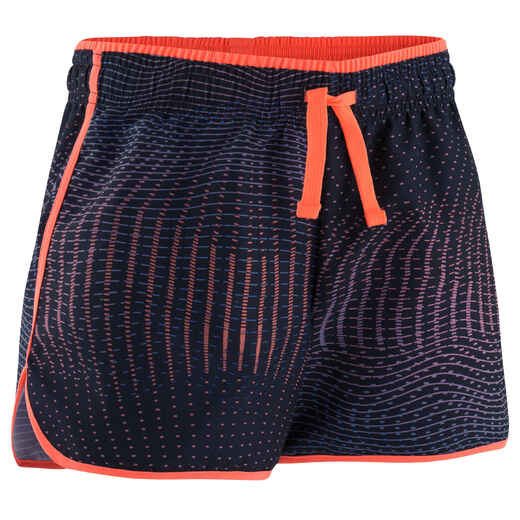 
      Girls' Breathable Gym Shorts W500 - Navy Blue Print/Coral
  