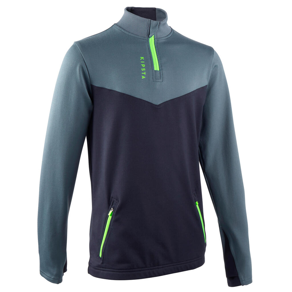 Kids' 1/2 zip football training sweatshirt t500 - grey/navy/green